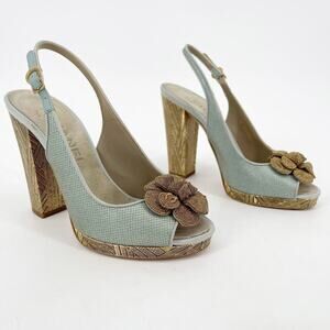 Chanel Metallic Gold/Teal Satin Camellia Flower Slingback Peep Toe Heel size 36C